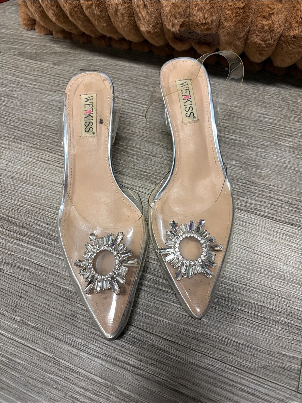 Kiss Clear Pointed Toe Mule with Silver Crystal Sunburst Accent